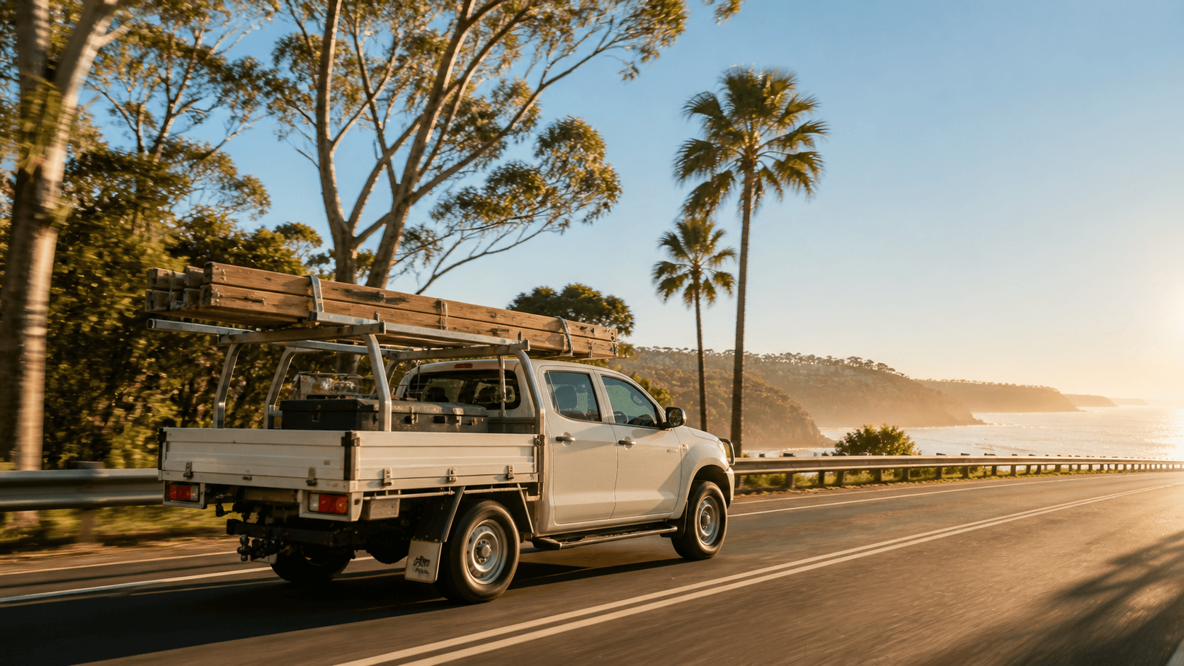 Work truck driving along a coastal road
